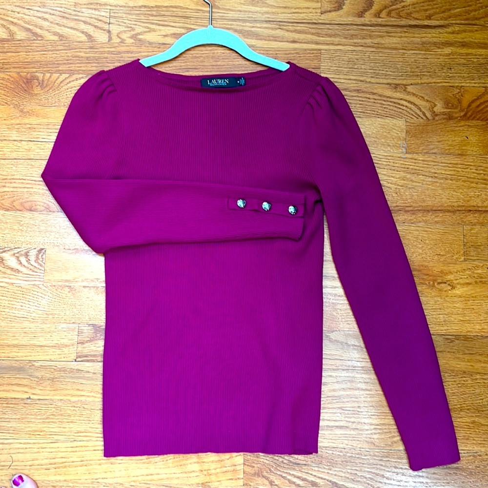 Lauren brand purple sweater - cute details on sleeves and buttons on wrists-